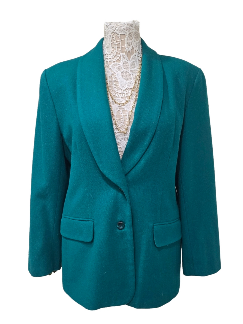 Vintage PANTHER Emerald Teal Shawl Collar Wool Blazer